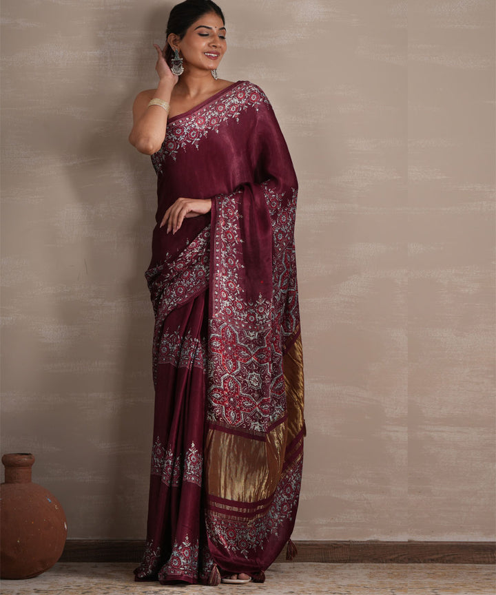 Wine whisper block printed modal tissue saree