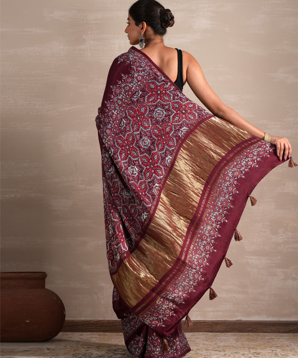 Wine whisper block printed modal tissue saree
