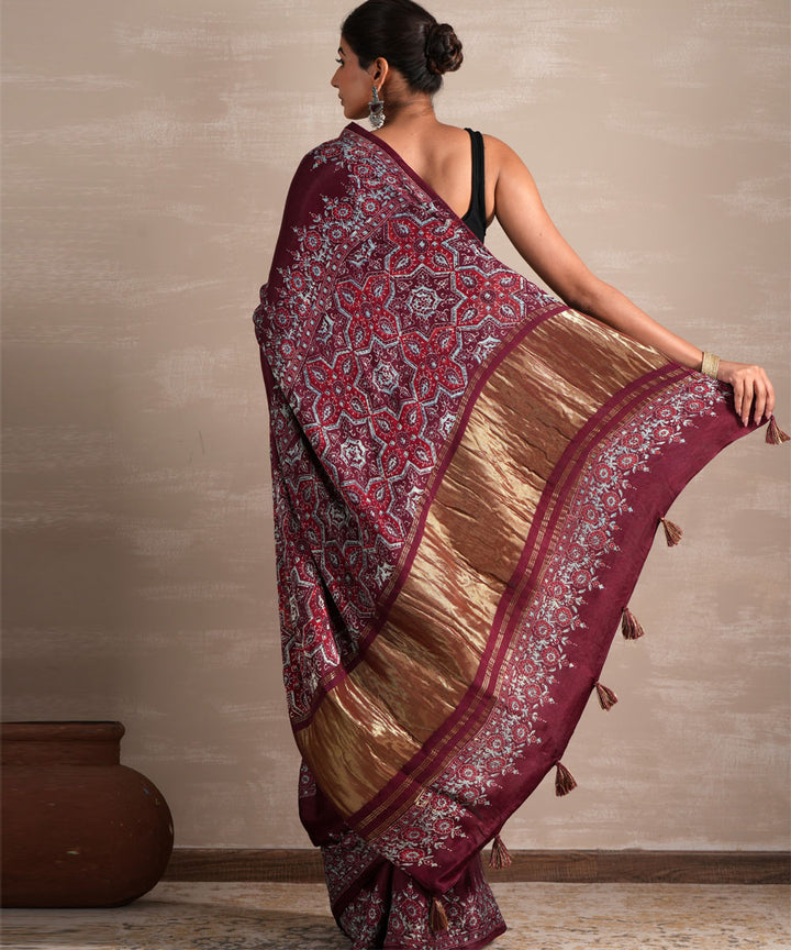 Wine whisper block printed modal tissue saree