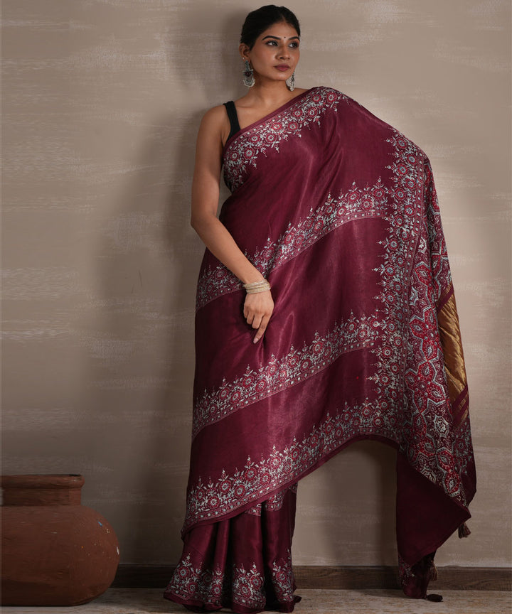 Wine whisper block printed modal tissue saree