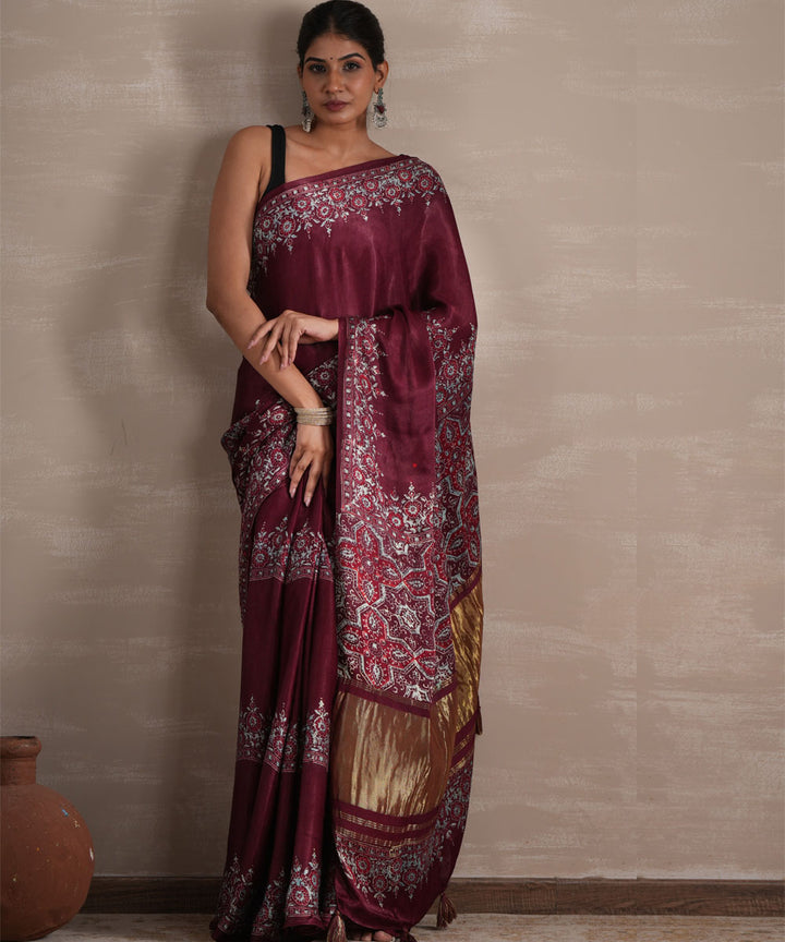 Wine whisper block printed modal tissue saree
