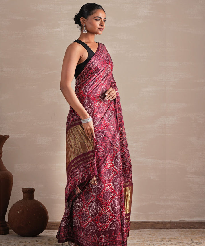 Mahogany bloom hand block print modal tissue saree