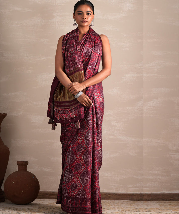 Mahogany bloom hand block print modal tissue saree