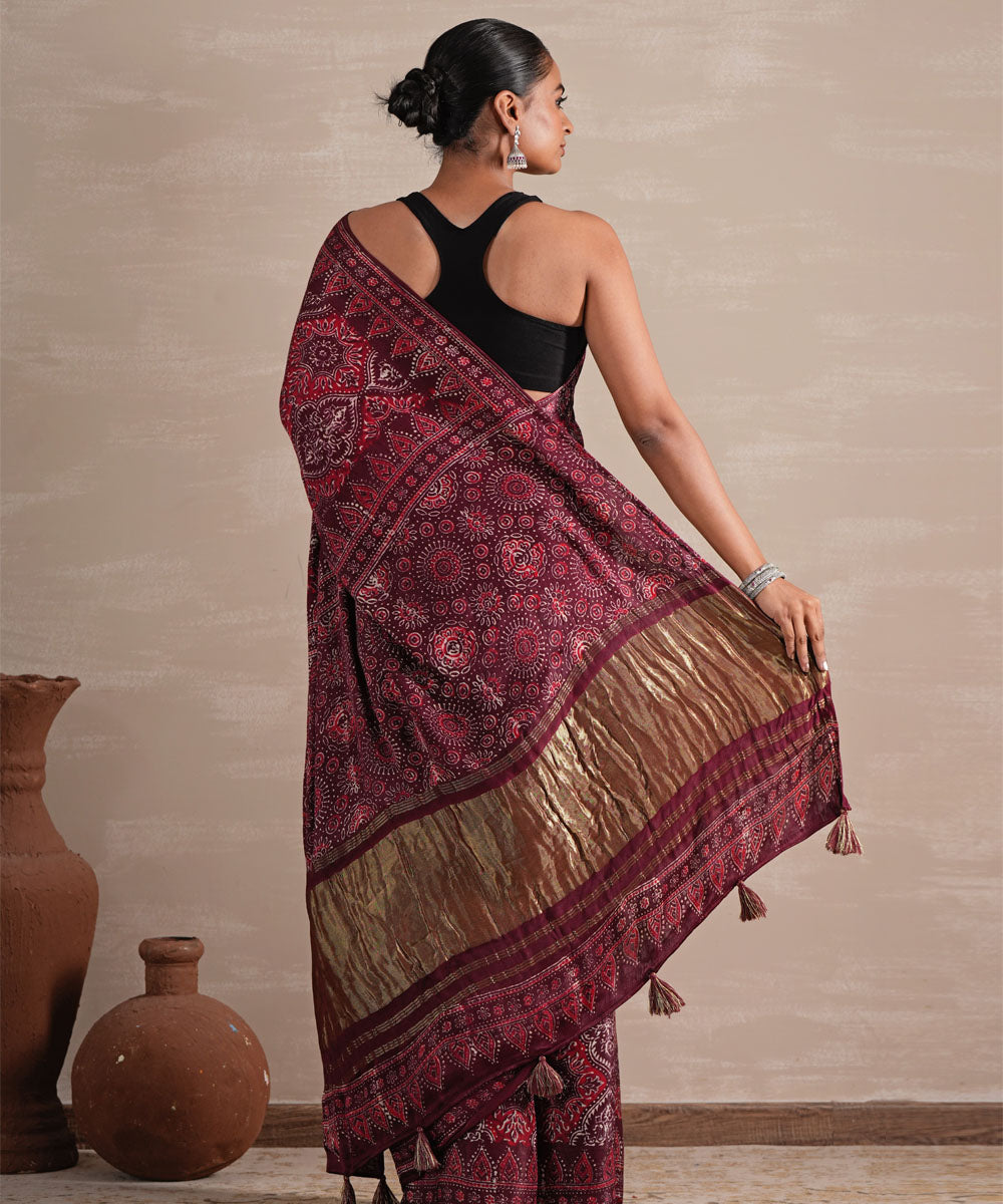 Mahogany bloom hand block print modal tissue saree
