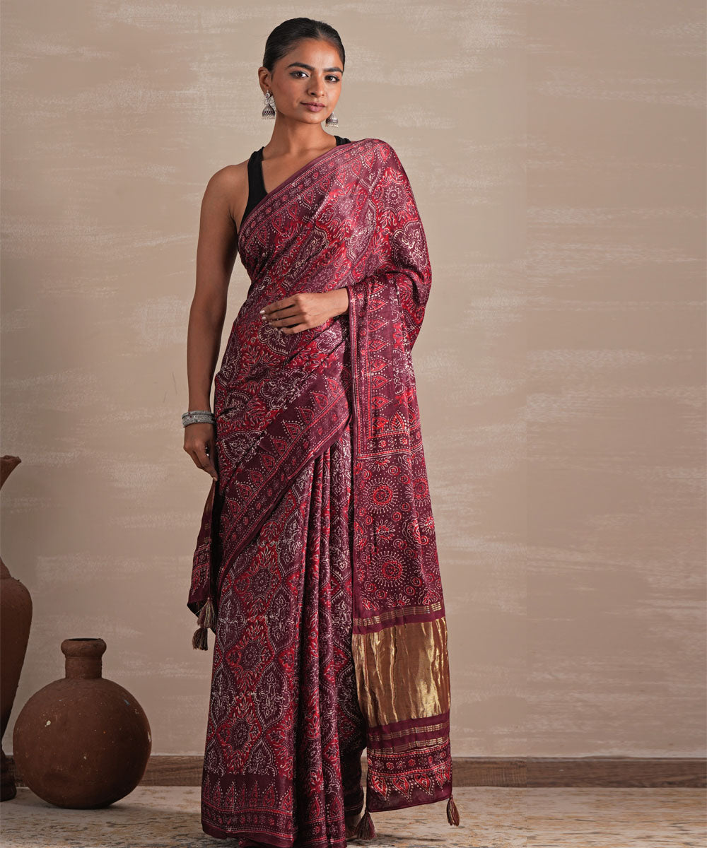 Mahogany bloom hand block print modal tissue saree