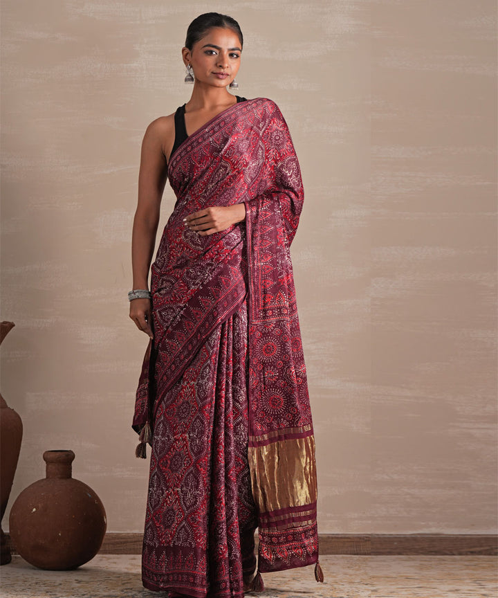 Mahogany bloom hand block print modal tissue saree