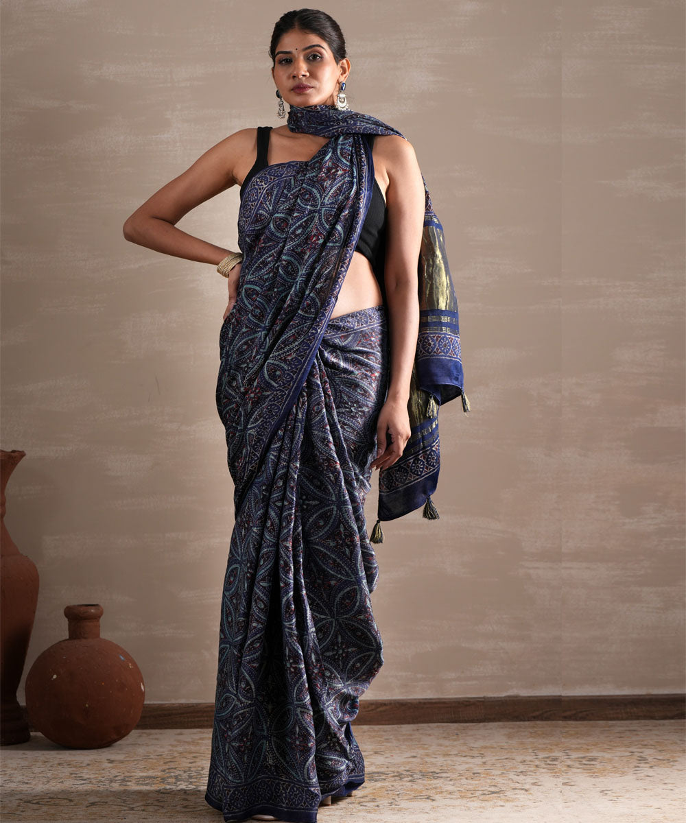 Marine mirage modal tissue hand block printed saree