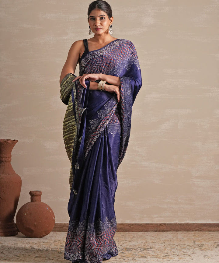 Midnight serenade hand block printed modal tissue saree