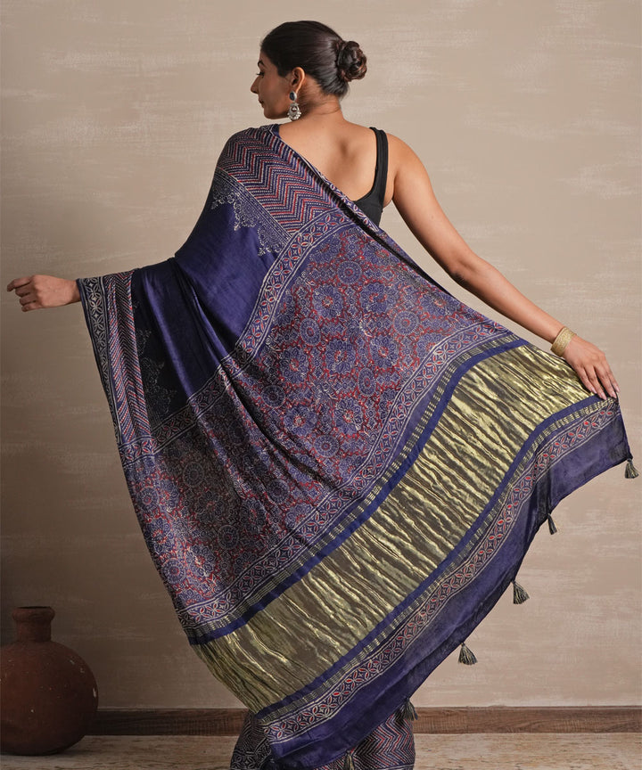 Midnight serenade hand block printed modal tissue saree