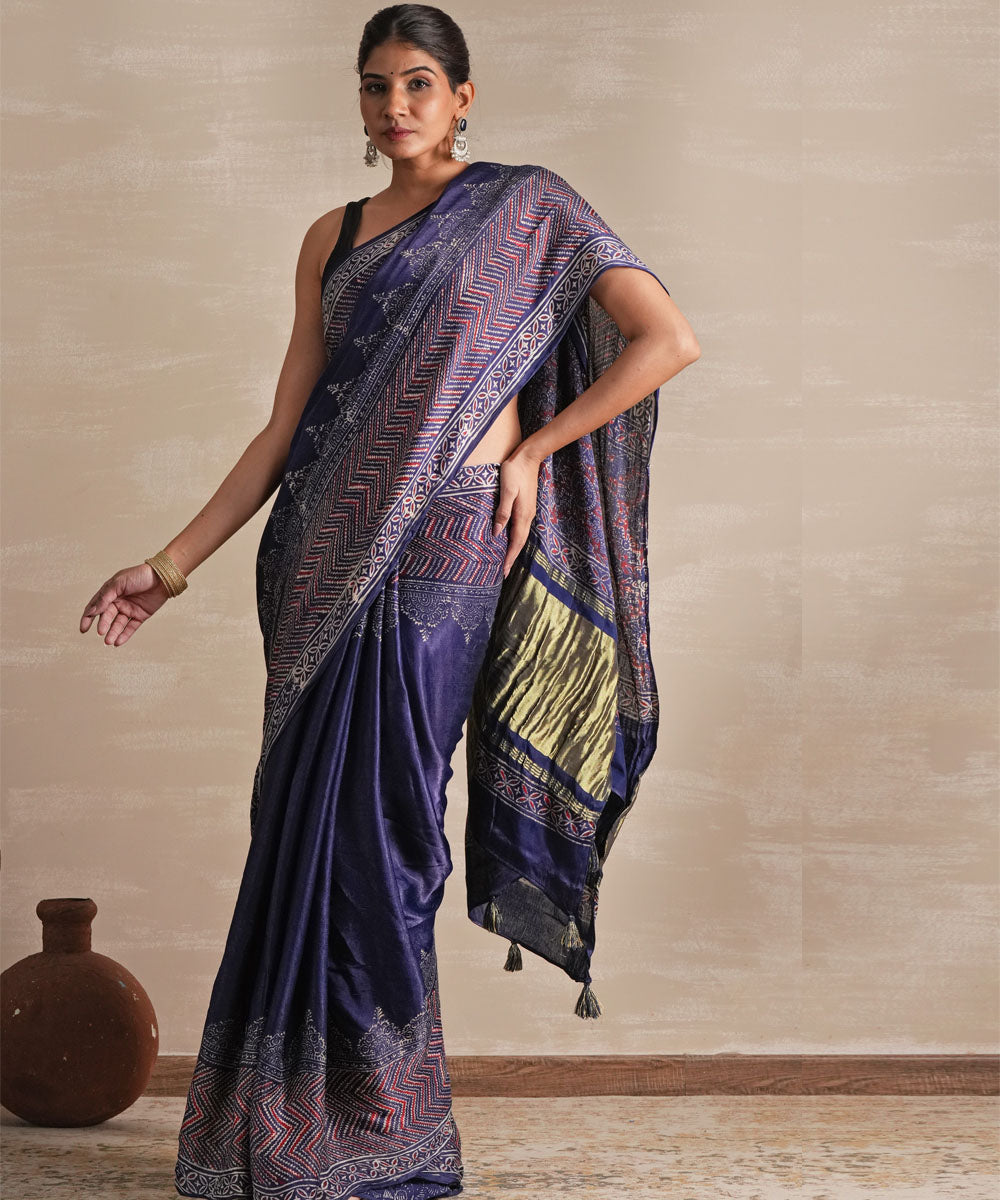 Midnight serenade hand block printed modal tissue saree