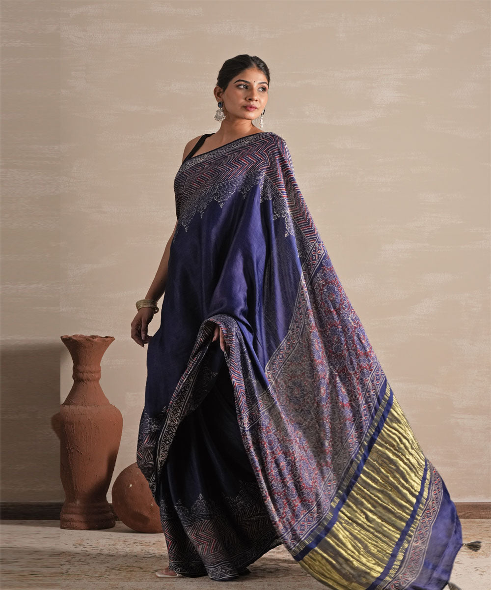 Midnight serenade hand block printed modal tissue saree