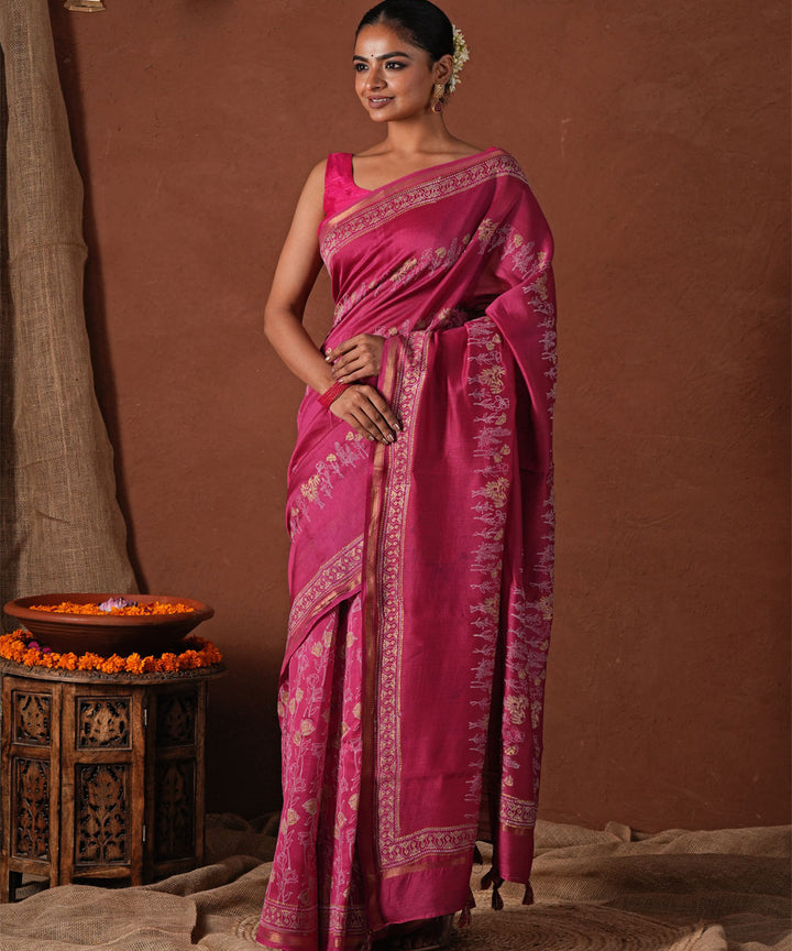 Golden dawn hand block print chanderi silk saree