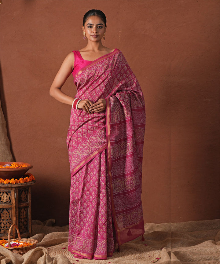 Azure gold block printed chanderi silk saree