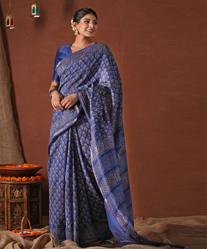 Celestial blue hand block printed chanderi silk saree