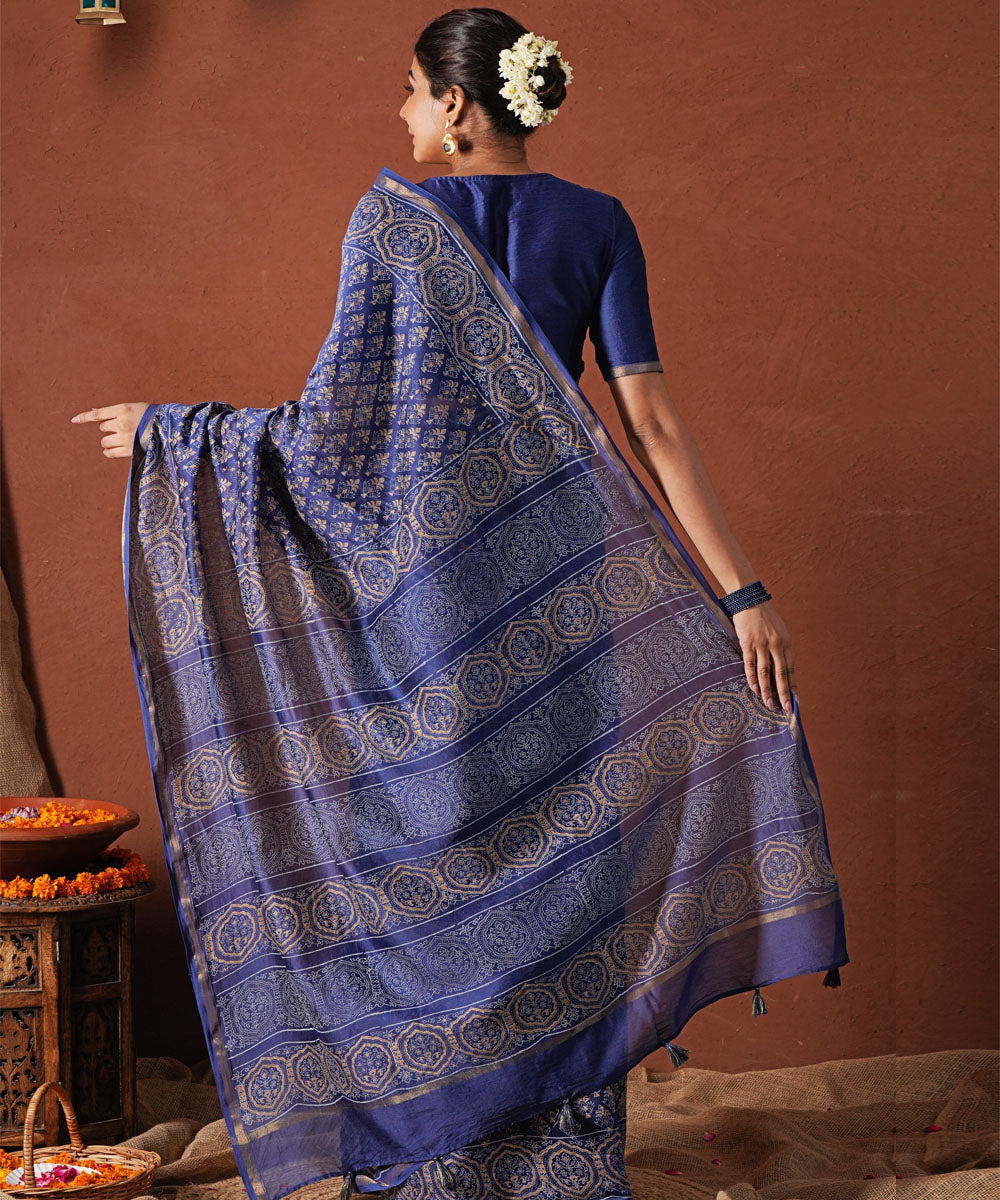 Celestial blue hand block printed chanderi silk saree