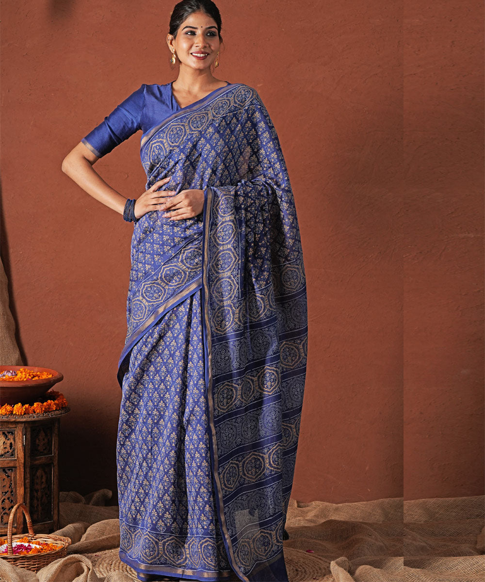 Celestial blue hand block printed chanderi silk saree