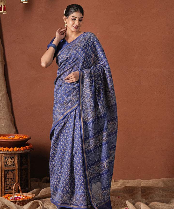 Celestial blue hand block printed chanderi silk saree