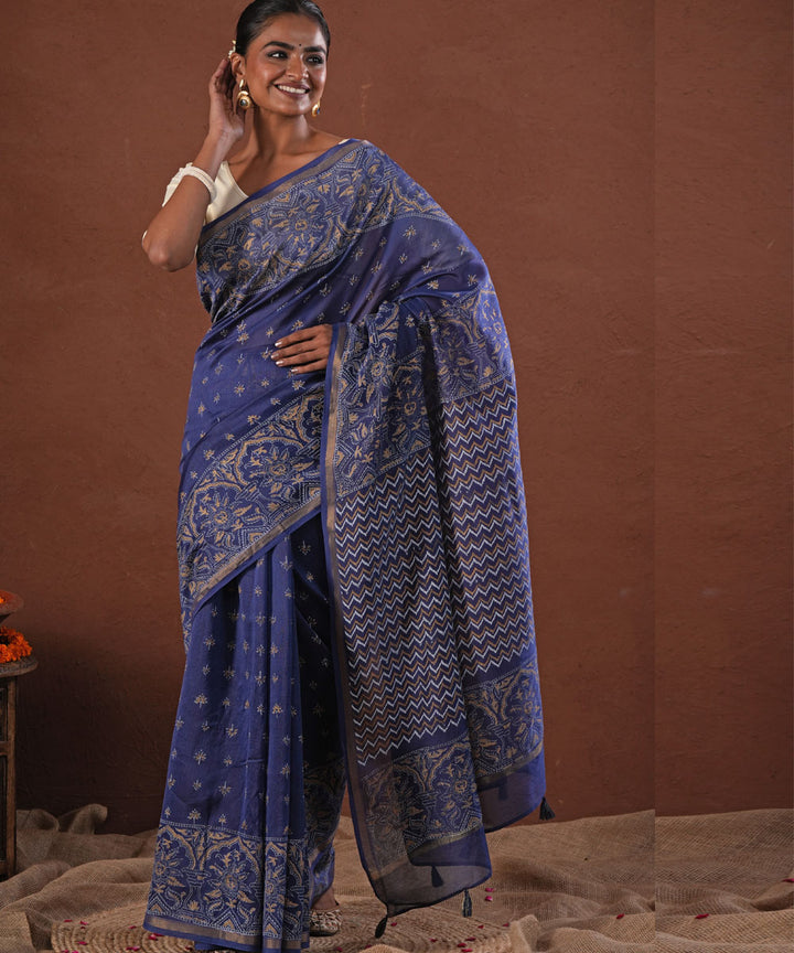 Blue horizon block printed chanderi silk saree