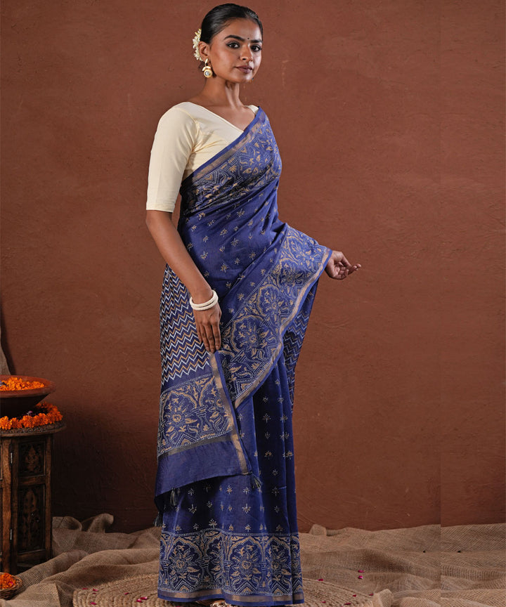 Blue horizon block printed chanderi silk saree