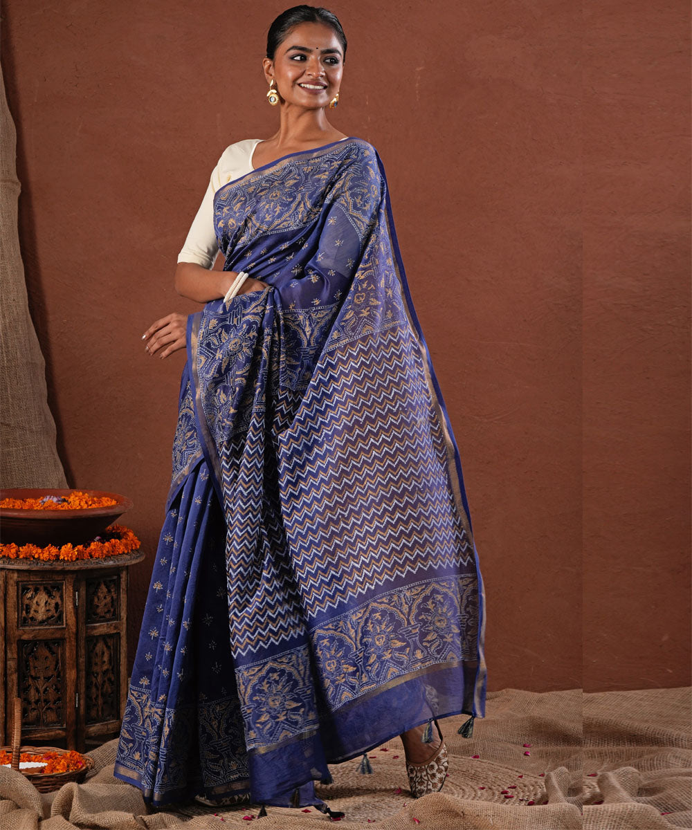 Blue horizon block printed chanderi silk saree