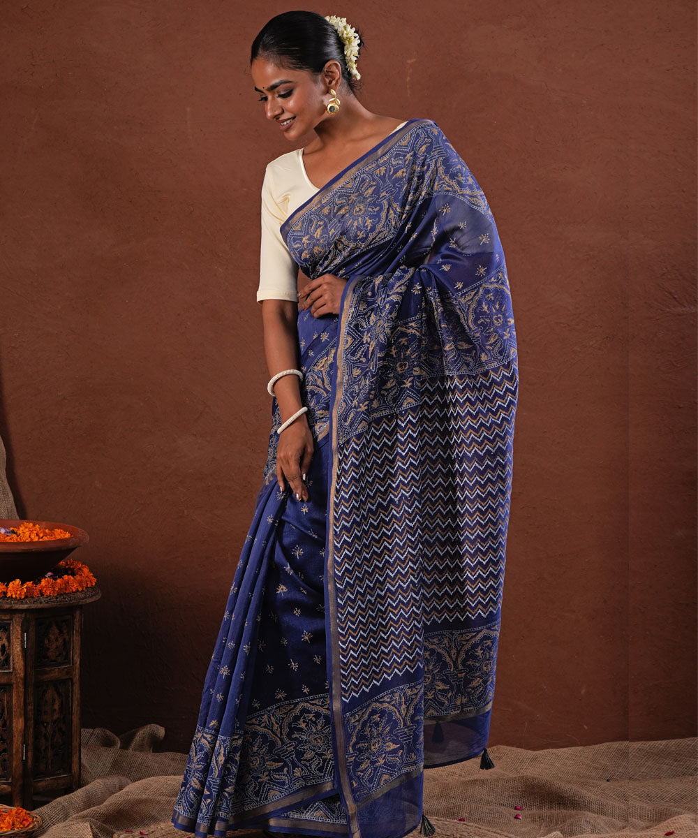 Blue horizon block printed chanderi silk saree