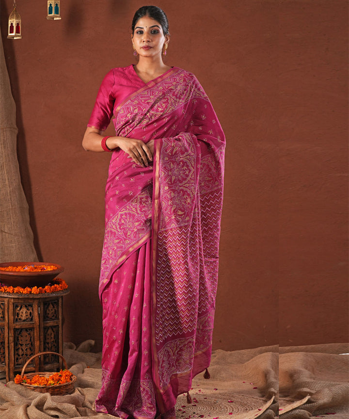 Majestic golden chanderi silk hand block printed saree