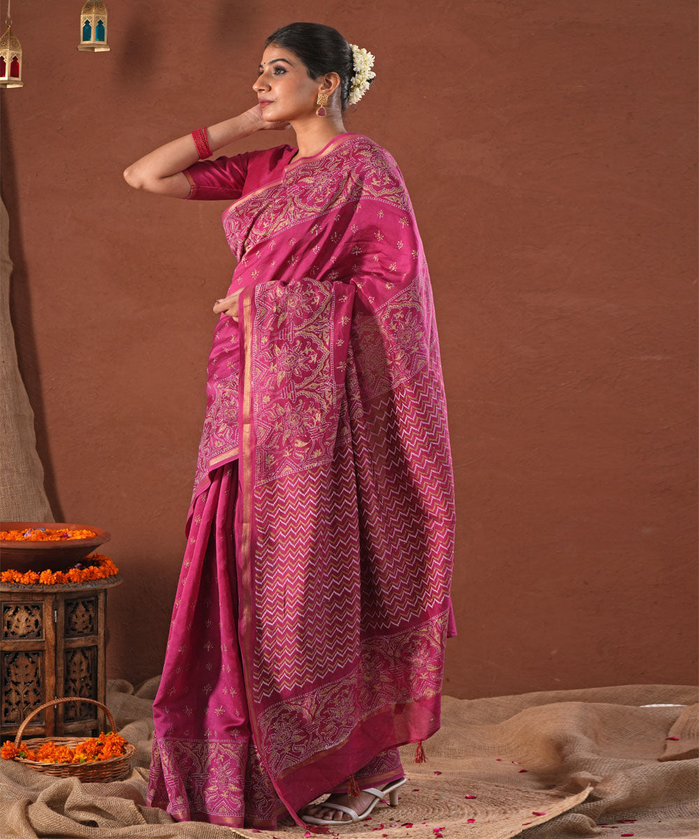 Majestic golden chanderi silk hand block printed saree