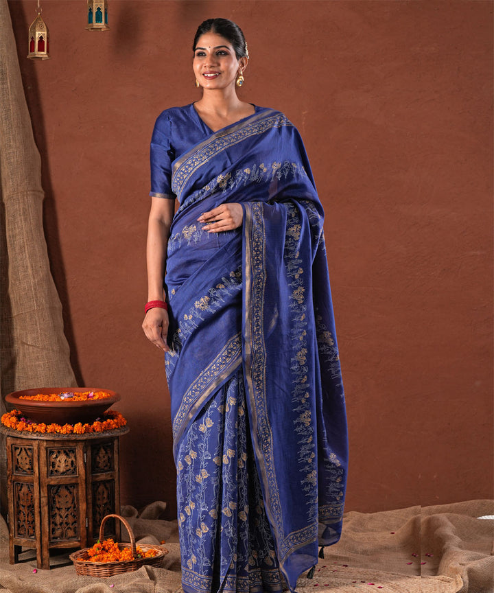 Golden azure hand block print chanderi silk saree