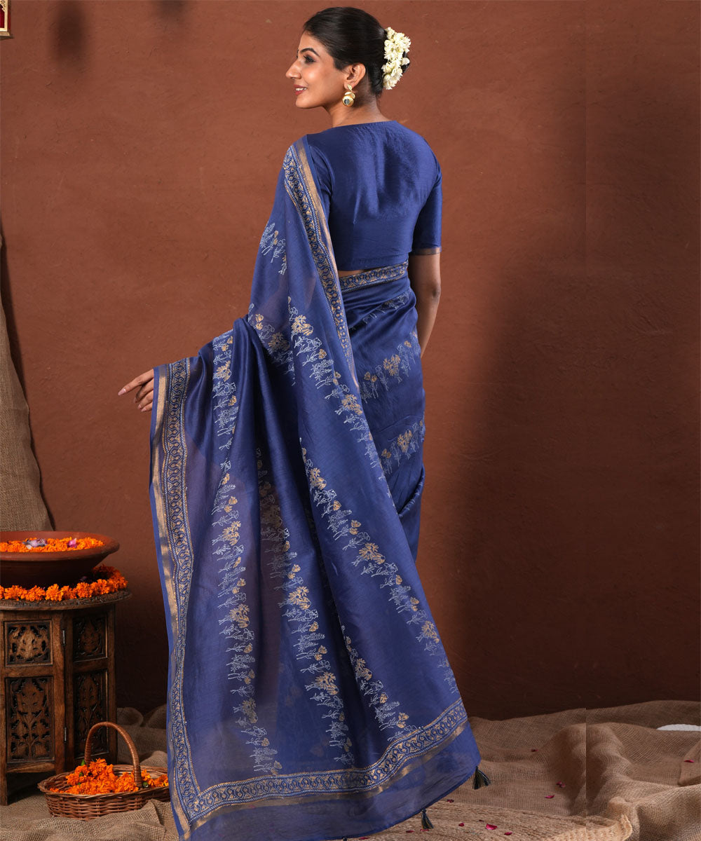 Golden azure hand block print chanderi silk saree