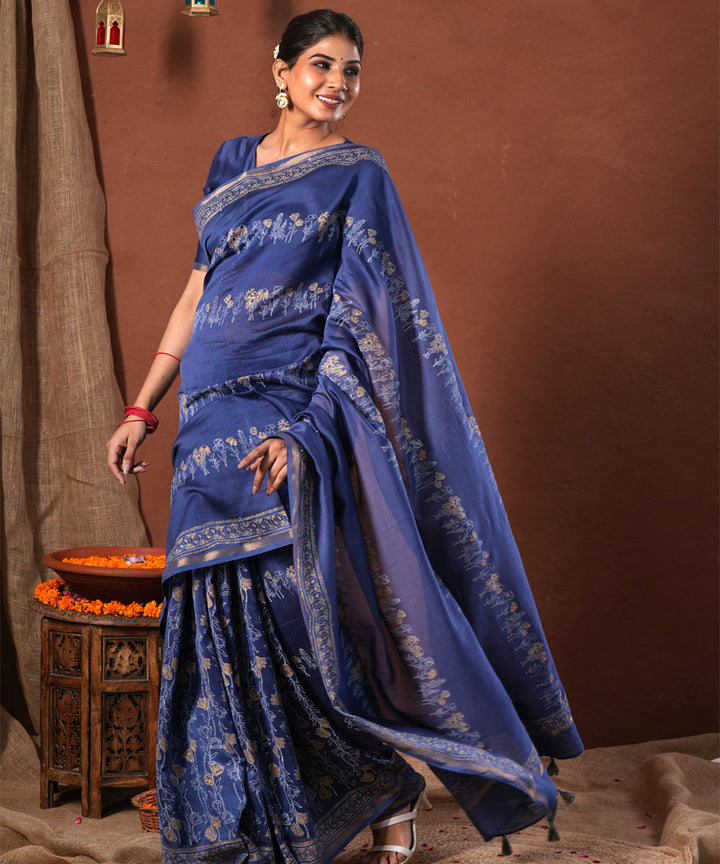 Golden azure hand block print chanderi silk saree