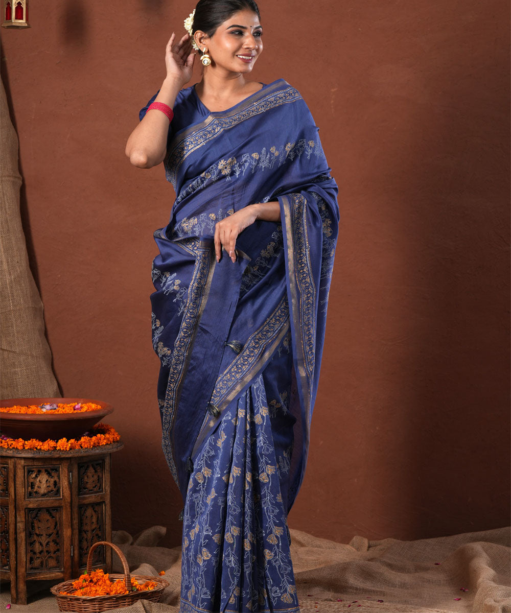 Golden azure hand block print chanderi silk saree