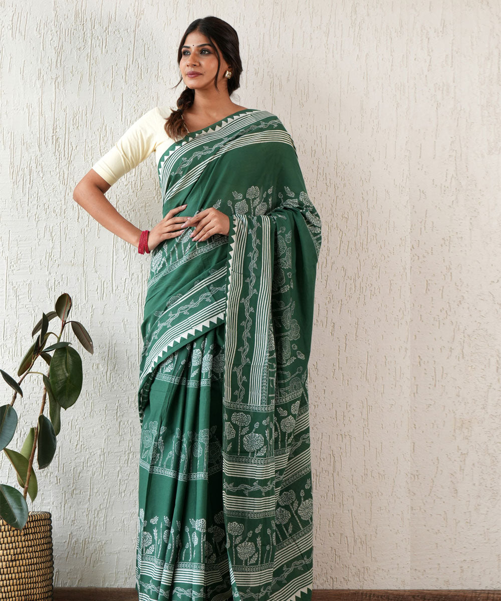 Moonlit mirage hand block mul cotton saree