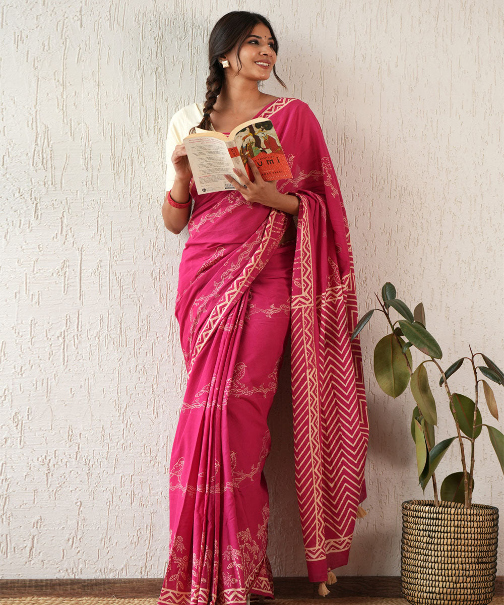 Twilight harmony hand block printed mul cotton saree