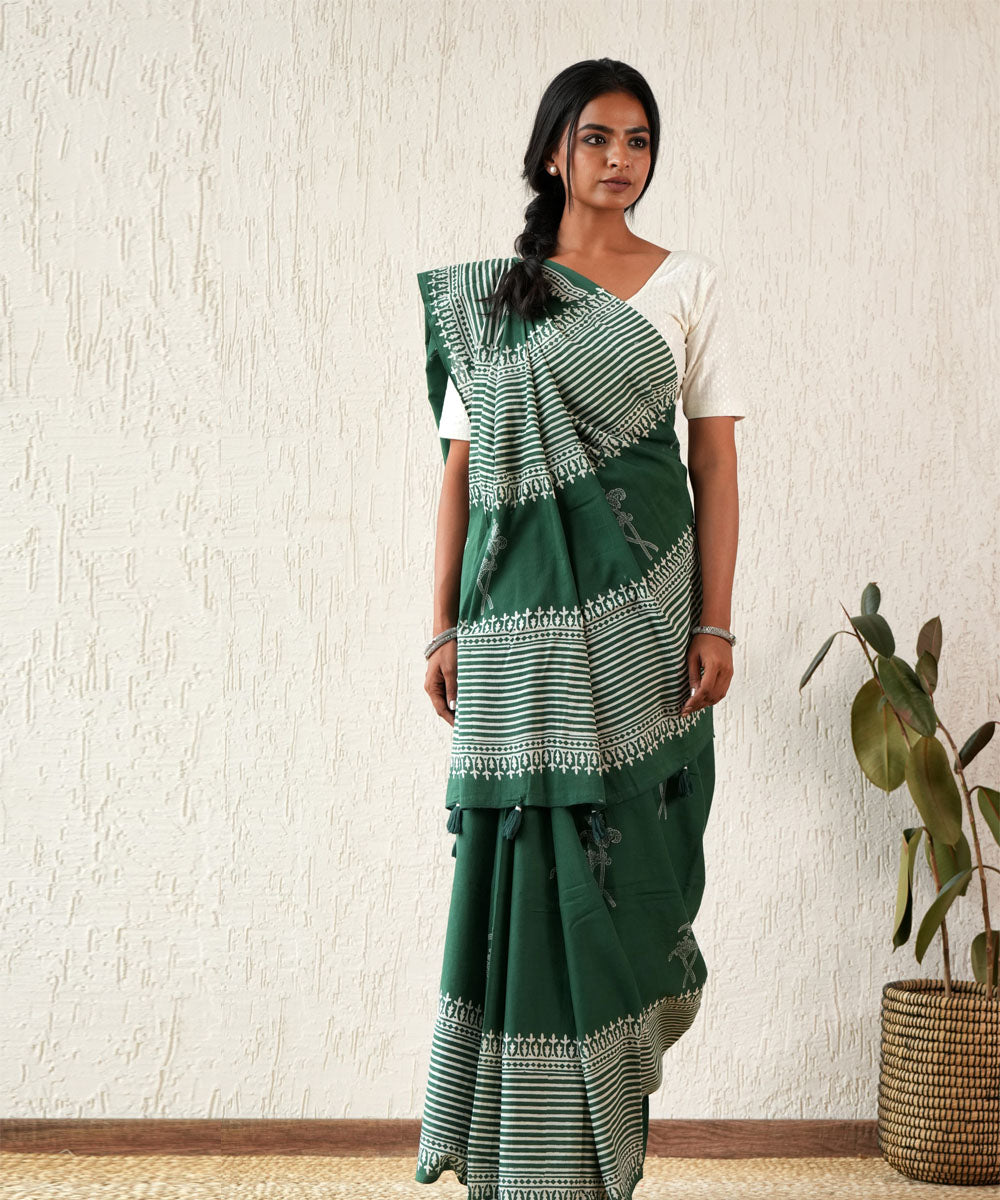 Heritage aura hand block mul cotton saree