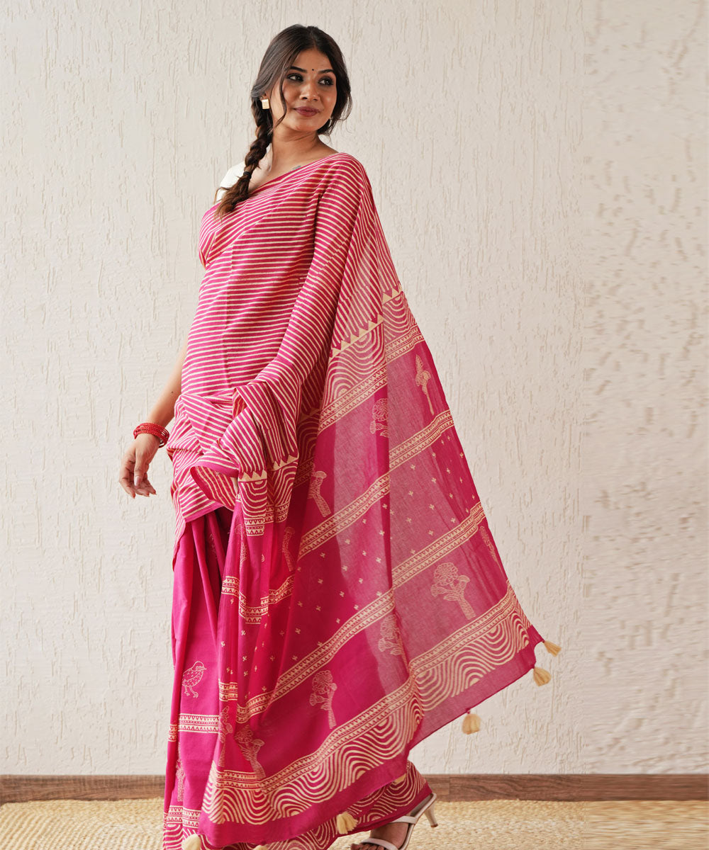 Gilded folklore hand block printed mul cotton saree