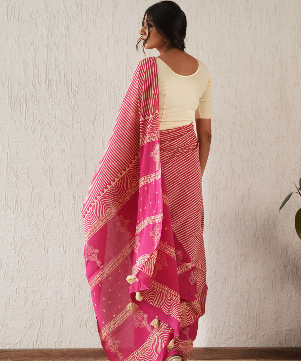 Gilded folklore hand block printed mul cotton saree