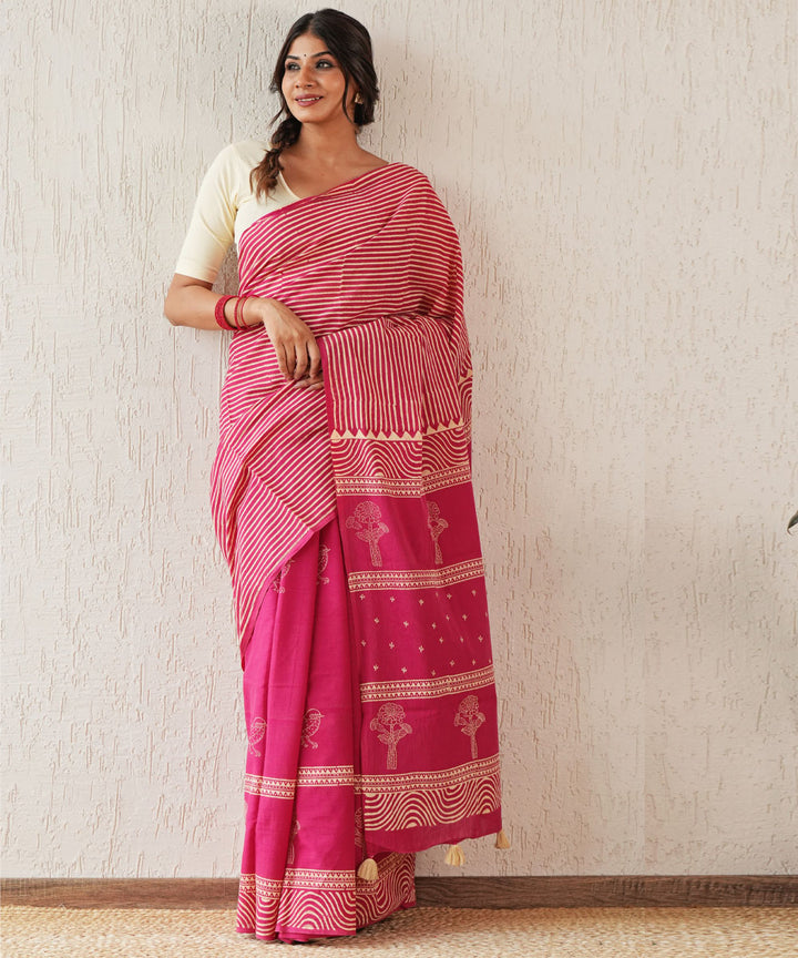 Gilded folklore hand block printed mul cotton saree