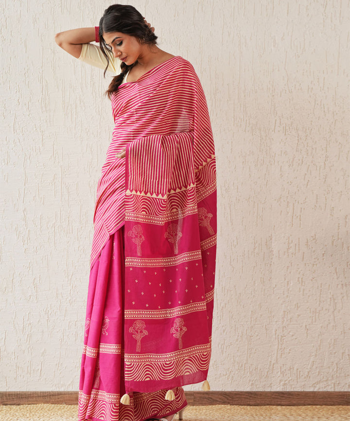 Gilded folklore hand block printed mul cotton saree