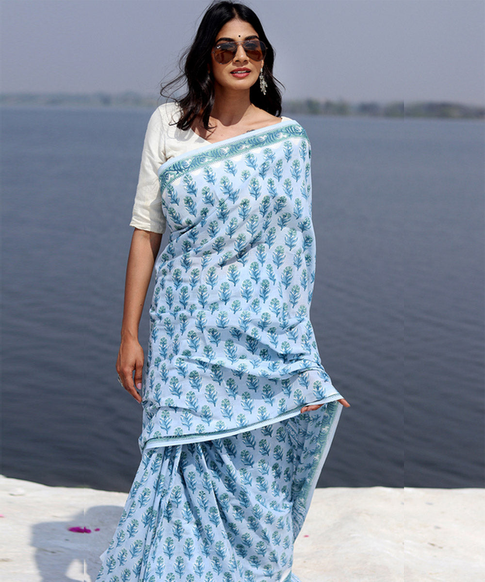 Sky blue navy blue cotton sanganeri hand block printed saree