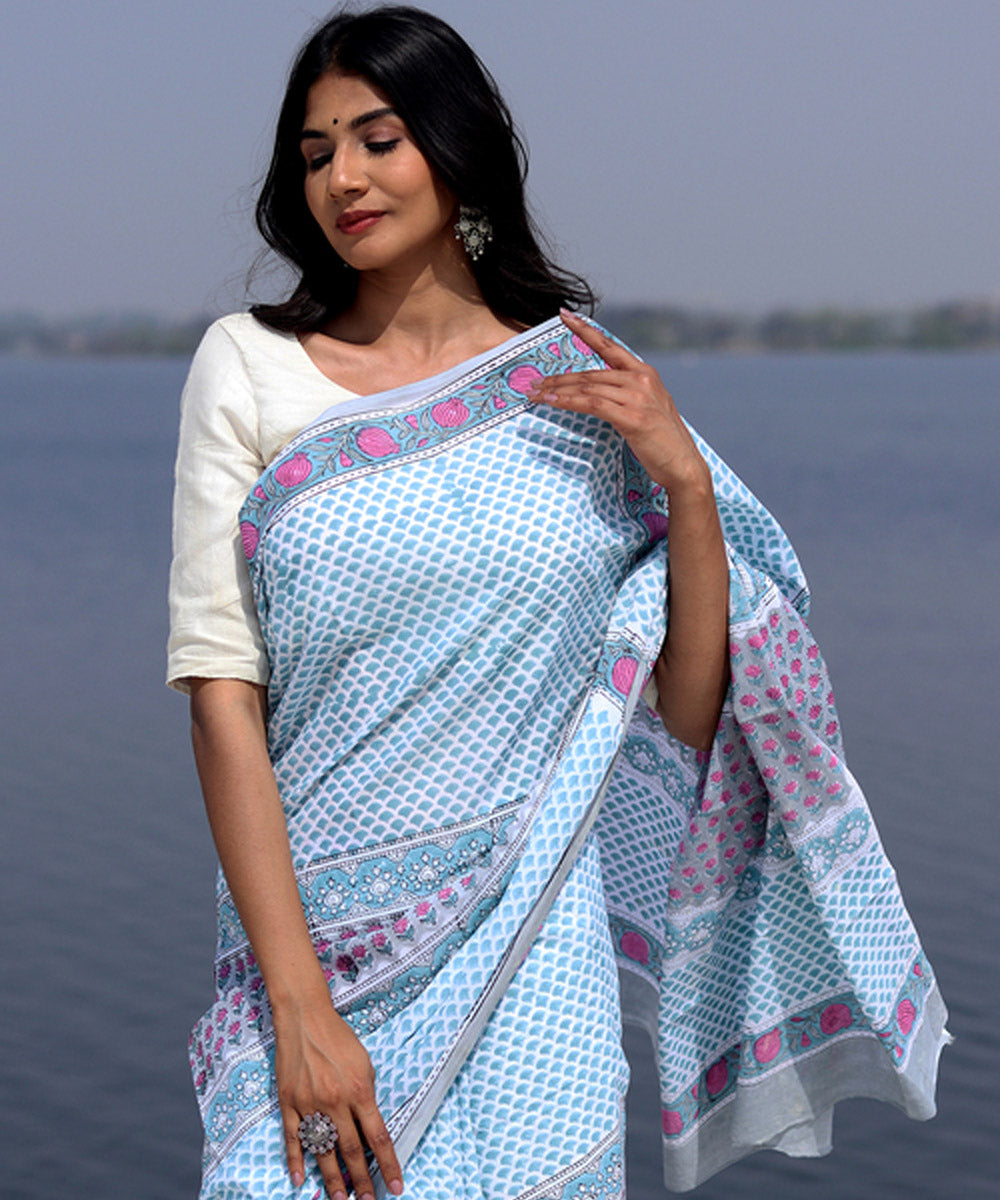 Sky blue pink cotton sanganeri hand block printed saree