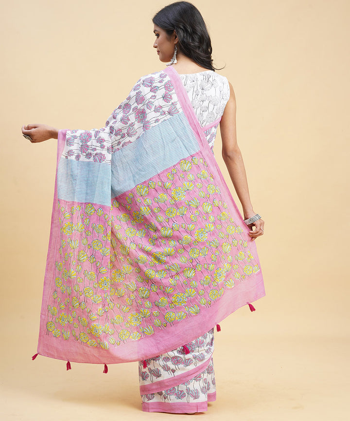 Pink sky blue hand block cotton sanganeri printed saree
