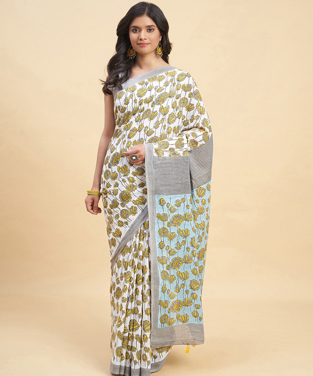 Grey mustard cotton hand block sanganeri printed saree