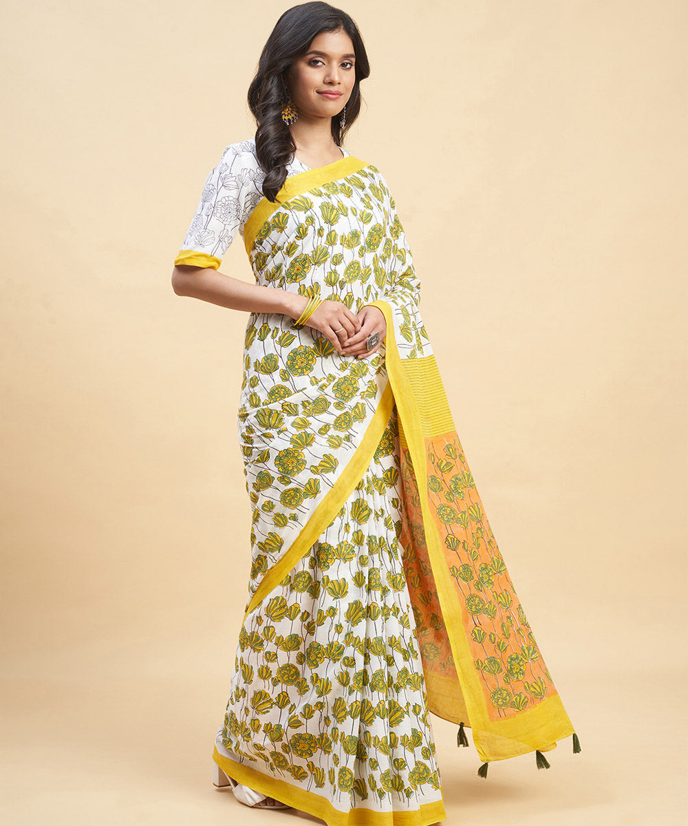 Mustard olive green cotton sanganeri hand block printed saree