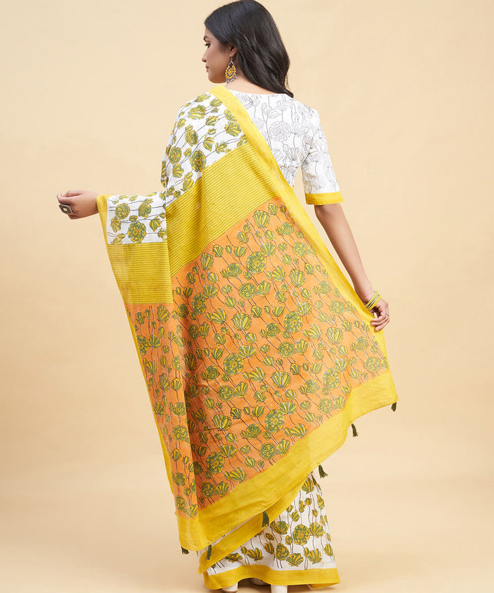 Mustard olive green cotton sanganeri hand block printed saree