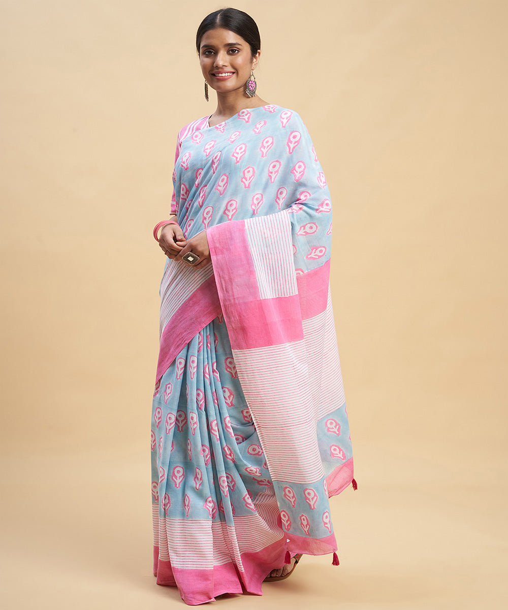 Sky blue pink sanganeri hand block printed cotton saree