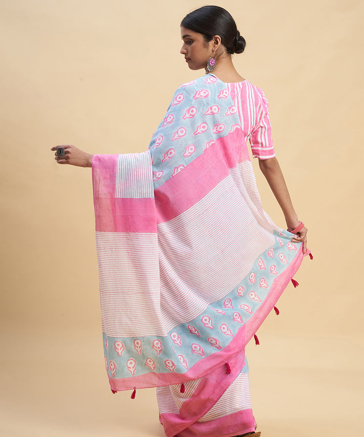 Sky blue pink sanganeri hand block printed cotton saree