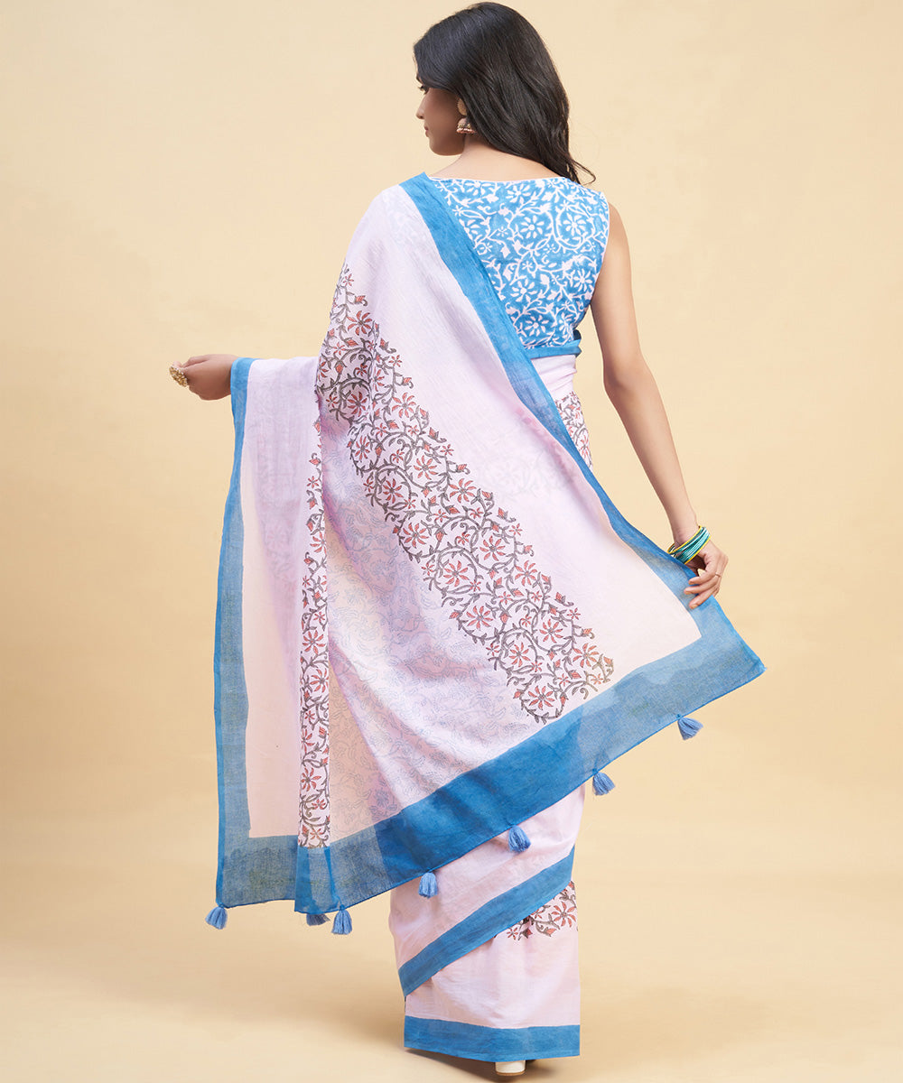 Pink sky blue hand block sanganeri printed cotton saree