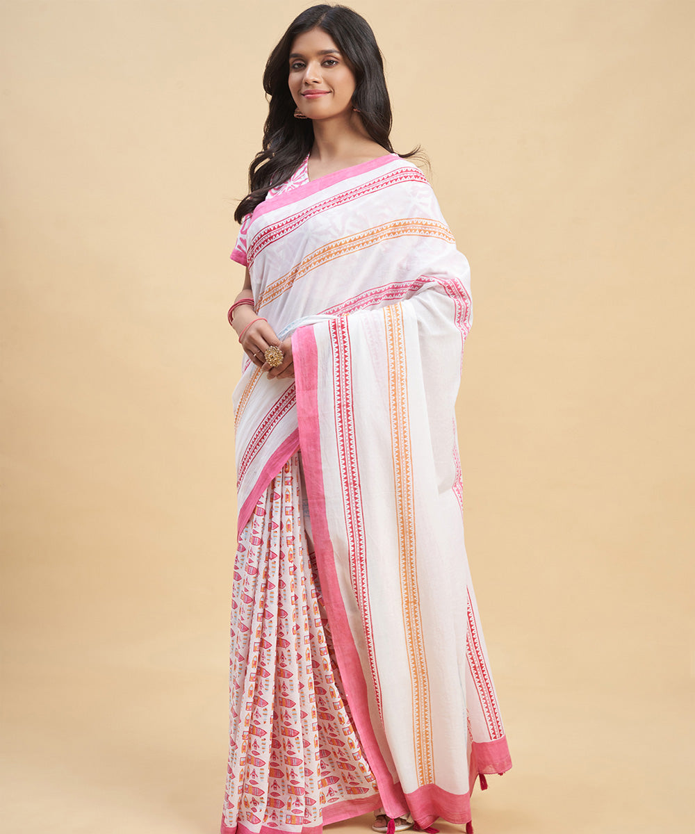 Offwhite pink hand block cotton sanganeri printed saree