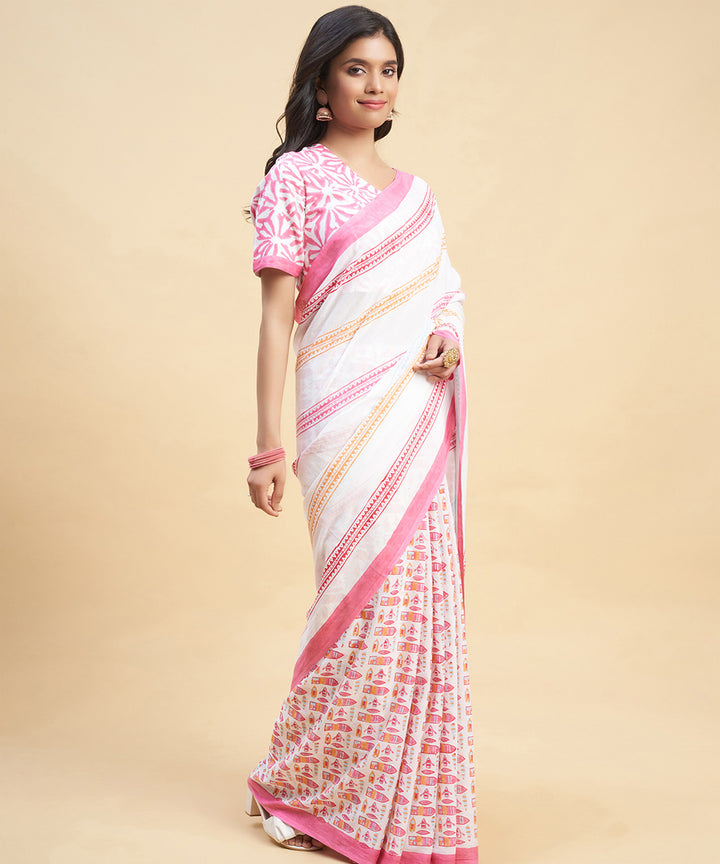 Offwhite pink hand block cotton sanganeri printed saree