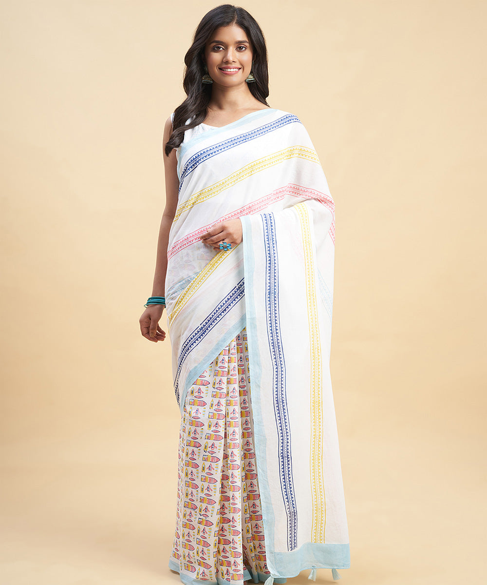 Offwhite multicolor hand block cotton sanganeri printed saree